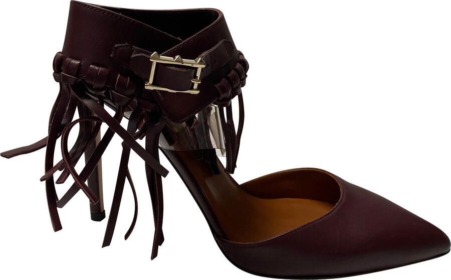 Valentino Pre-owned Valentino C-Rockee Fringe Enkelsandaal met Bandje in Bordeauxleder