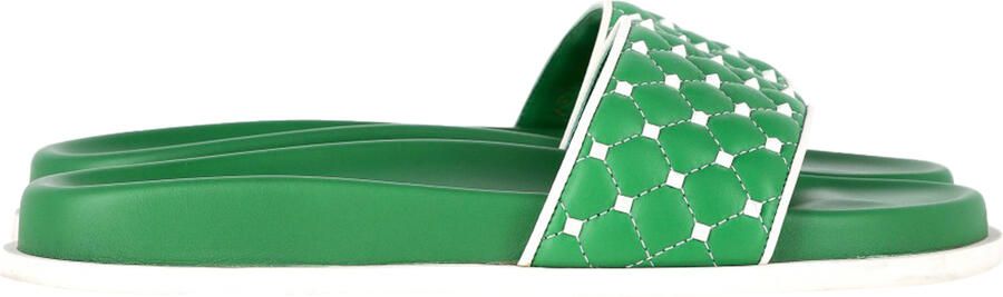 Valentino Pre-owned Valentino Garavani Rockstud Gequilte Slippers In Groene Leer