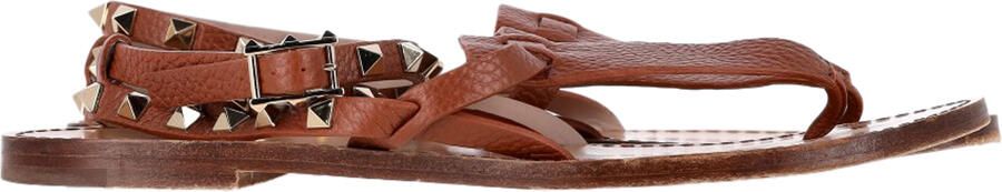 Valentino Pre-owned Valentino Garavani Rockstud T-Strap Platte Sandalen in Bruin Leer