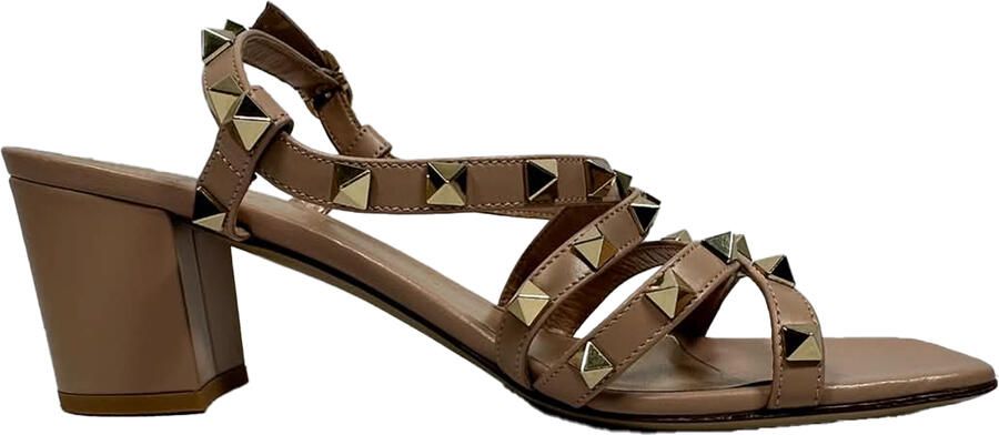 Valentino Pre-owned Valentino Rockstud Enkelband Blockhak Sandalen in Beigekleurig Leer