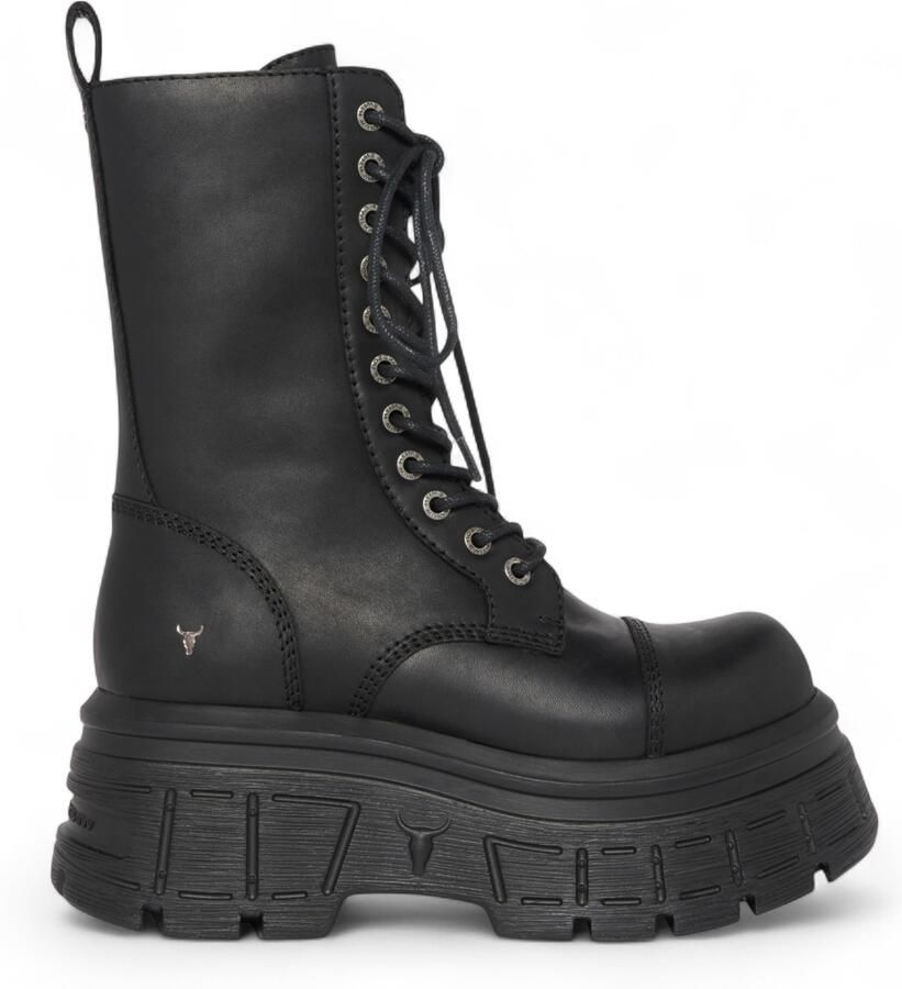 Windsor Smith Windsorsmith Dames Zwarte Mid-Calf Biker Leren Platform Combat Boots Screaming