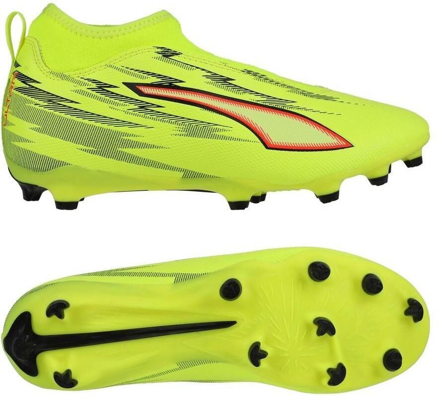 PUMA Ultra 6 Match Laceless + FG AG Unleashed Geel Zwart Gloeiend rood Neon Kids - Foto 3