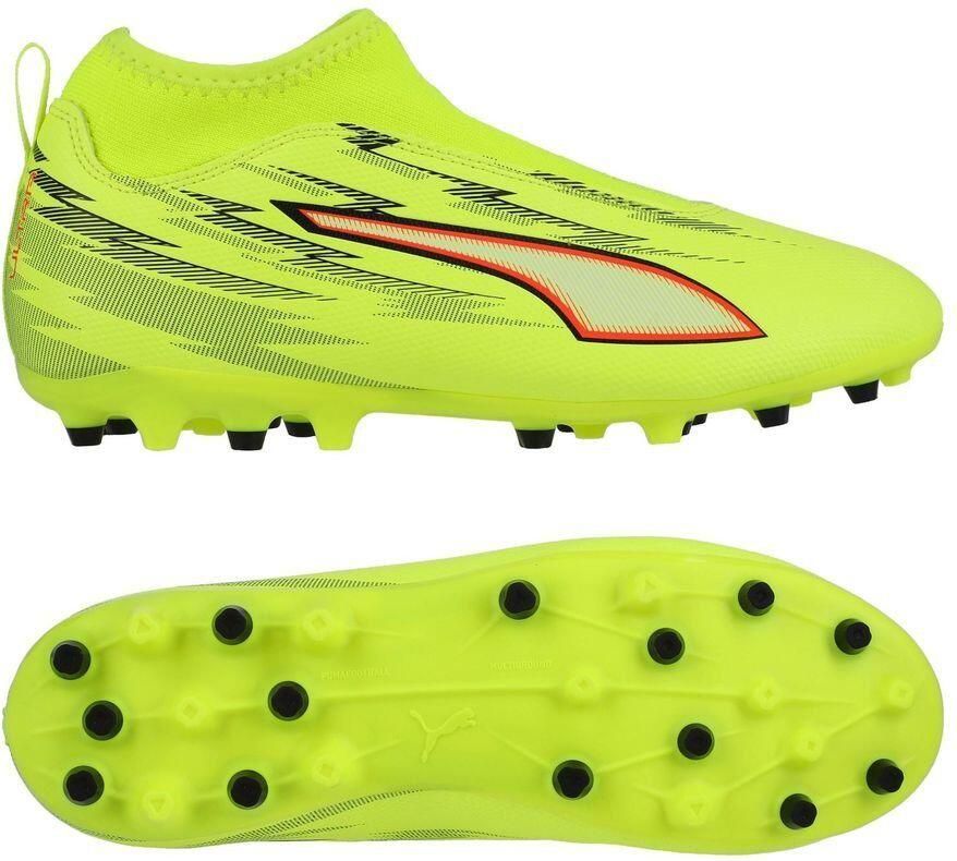 PUMA Ultra 6 Match Laceless + MG Unleashed Geel Zwart Gloeiend rood Neon Kids