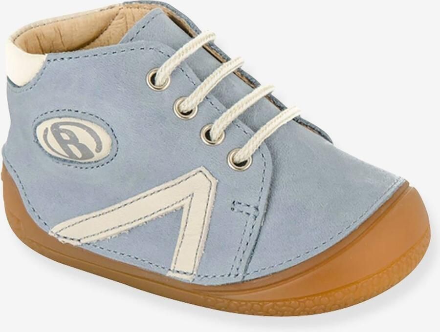 BABYBOTTE Veterlaarsjes van leer voor jongensbaby B1 blauw licht uni
