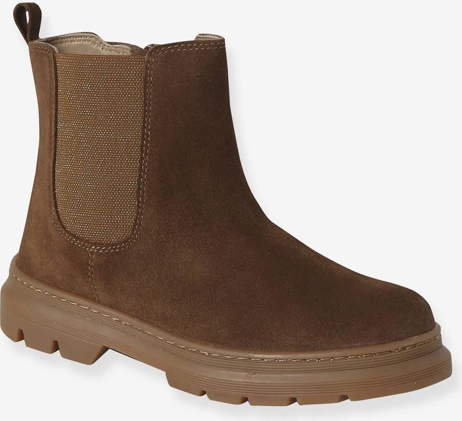 VERTBAUDET Boots voor meisjes van leer elastisch en met rits kameel
