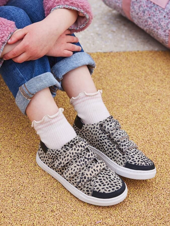 VERTBAUDET Fantasie meisjessneakers van leer met klittenband beige bedrukt - Foto 2