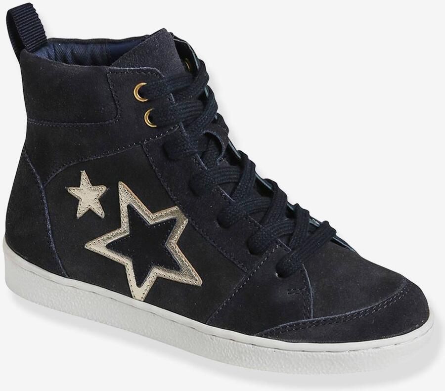 VERTBAUDET Halfhoge leren meisjessneakers met vetersluiting en ritssluiting marineblauw