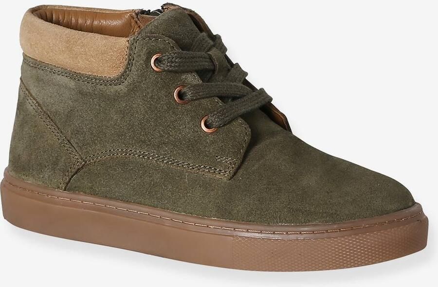 VERTBAUDET Hoge leren sneakers met veters voor jongens kaki