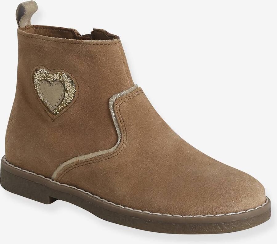 VERTBAUDET Leren boots voor meisjes en hartjes uit de kleutercollectie kameel