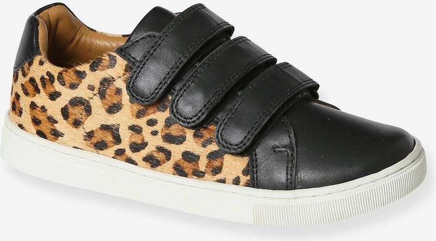 VERTBAUDET Leren Junior sneakers met klittenband en luipaardprint zwart bedrukt