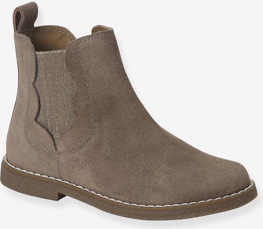 VERTBAUDET Leren meisjeslaarzen met schulprandjes taupe
