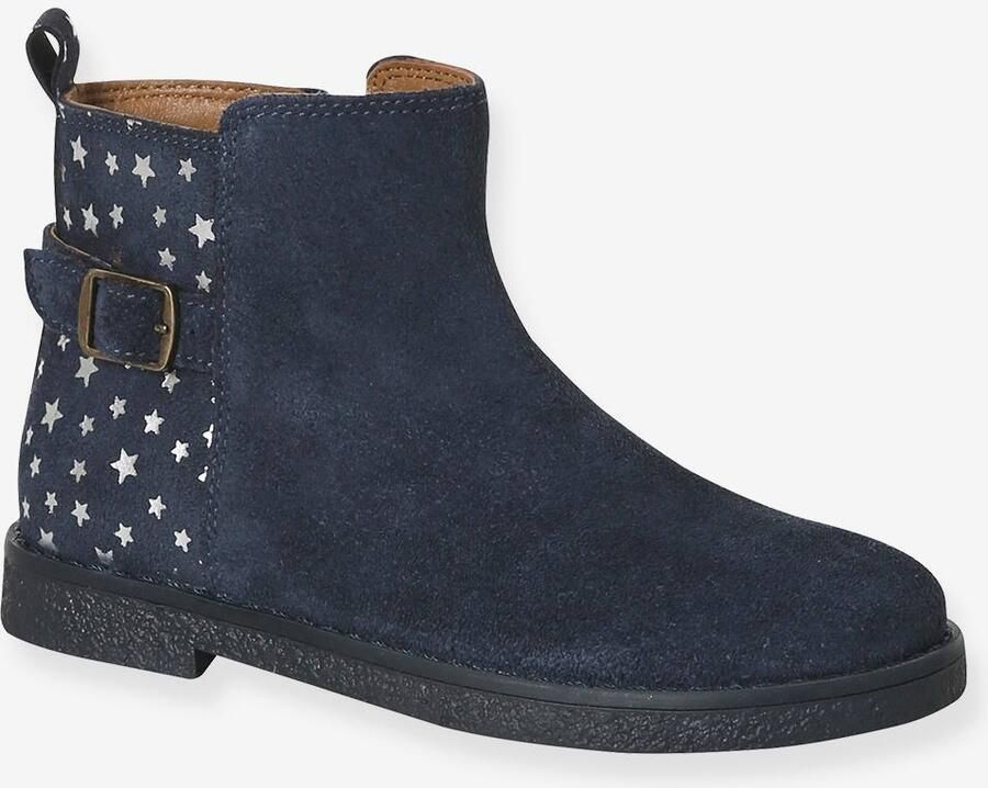 VERTBAUDET Leren meisjeslaarzen met sterretjesprint marineblauw