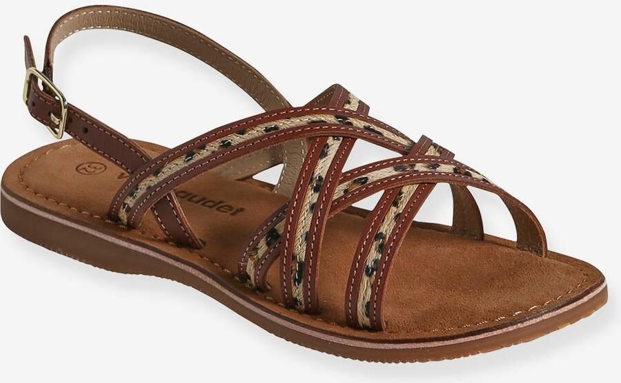 VERTBAUDET Leren sandalen met kruisbandjes bruin bedrukt