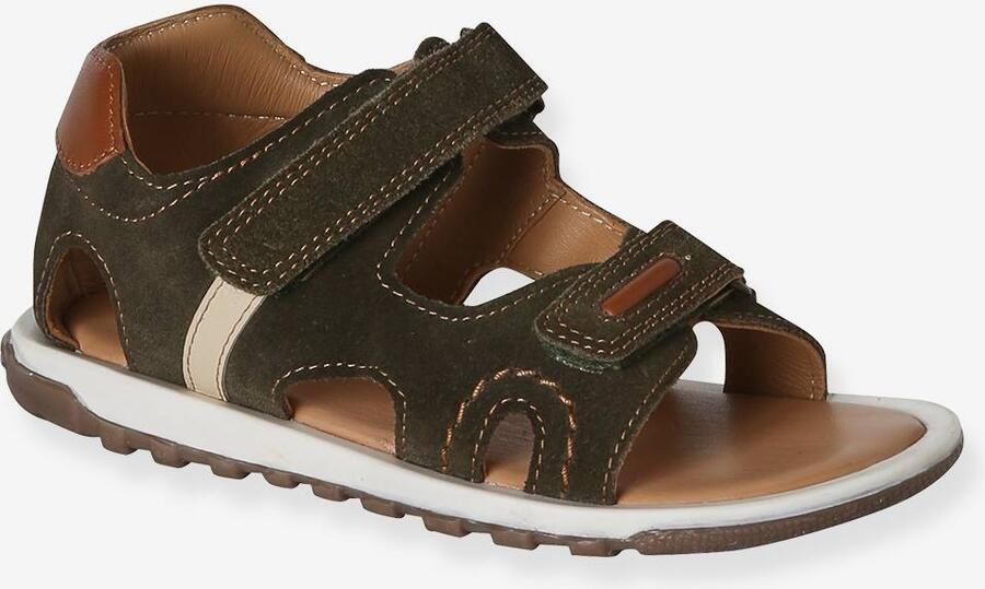 VERTBAUDET Leren sandalen voor jongens met klittenbandsluiting kaki
