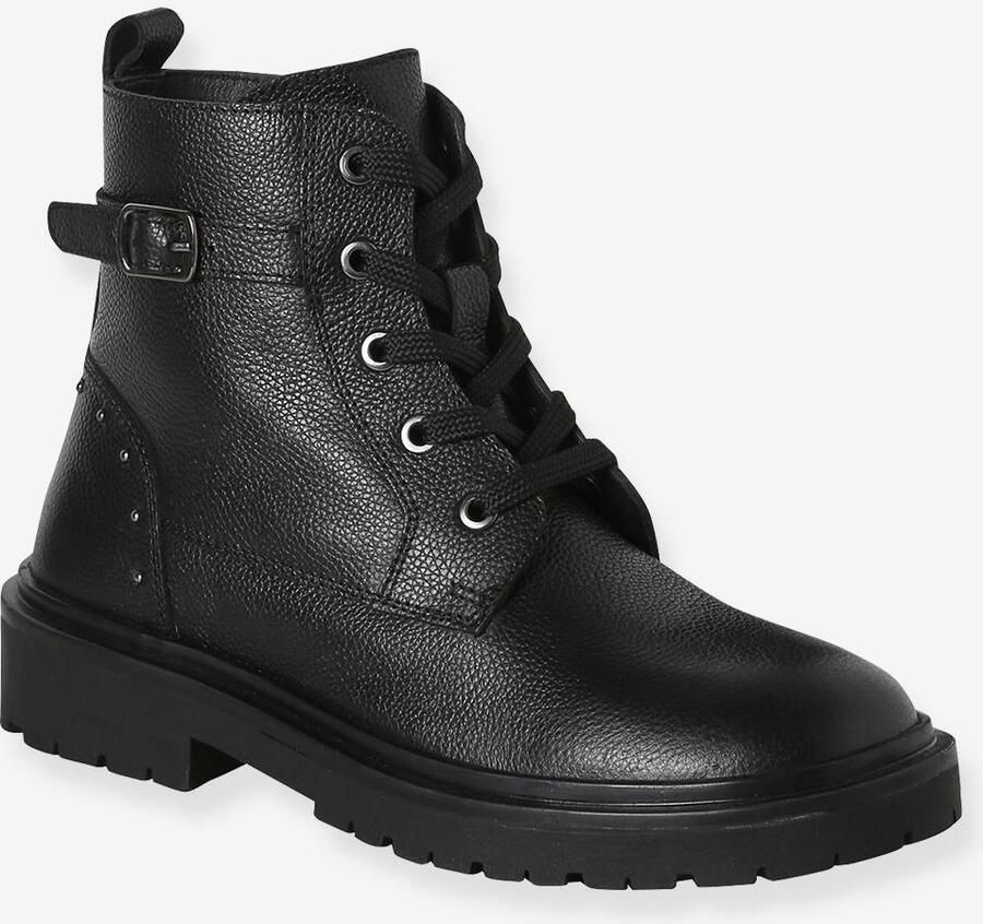 VERTBAUDET Meisjes boots in leer met veters zwart