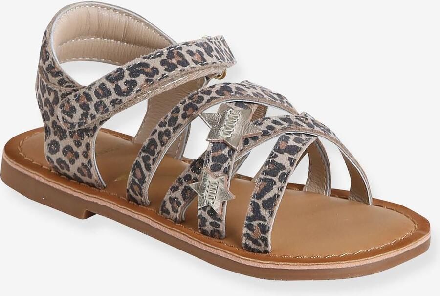VERTBAUDET Sandalen met klittenband van leer voor kinderen kleuterschoolcollectie beige bedrukt