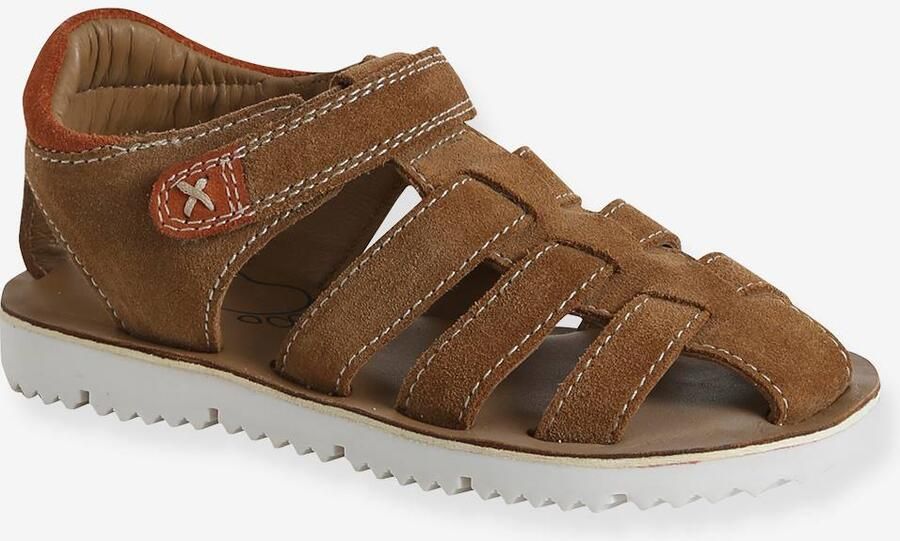 VERTBAUDET Sandalen met klittenband van leer voor kinderen kleuterschoolcollectie kameel