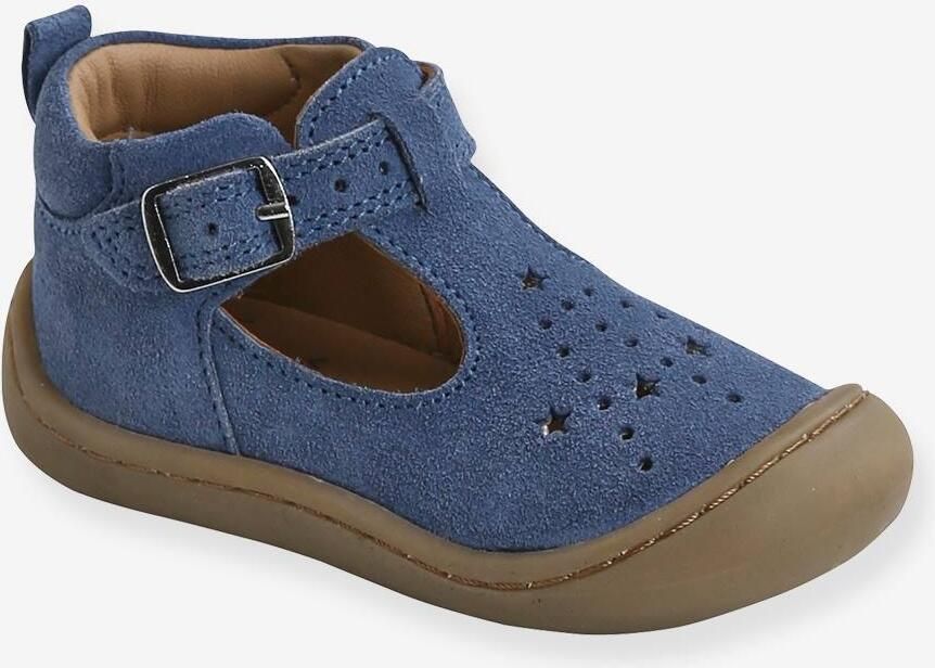 VERTBAUDET Zacht lederen sandalen voor baby's die kruipen jeansblauw