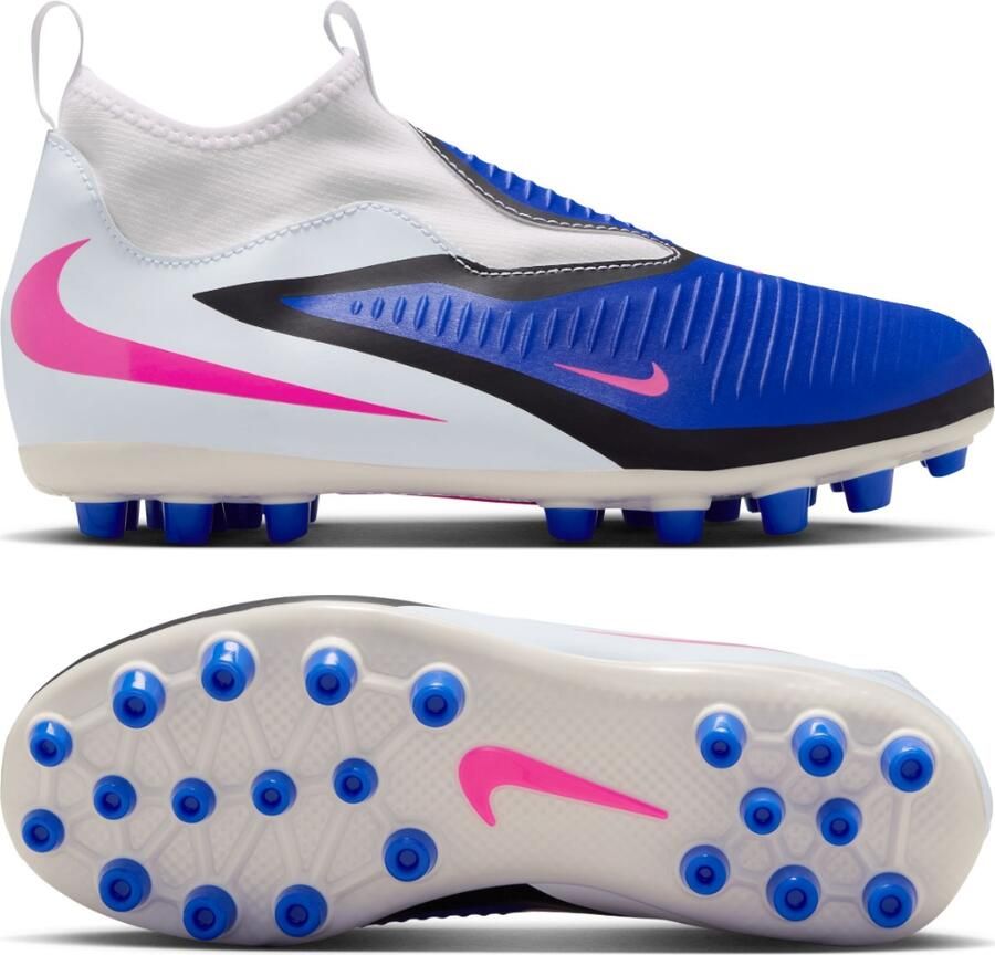 Nike Phantom 6 High Academy Gras Kunstgras Voetbalschoenen (MG) Kids Blauw Wit Felroze