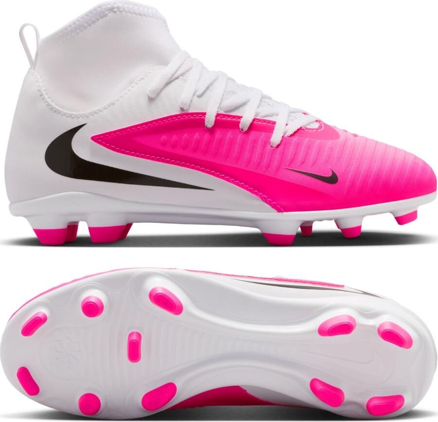 Nike Phantom 6 High Club Gras Kunstgras Voetbalschoenen (MG) Kids Wit Felroze Zwart