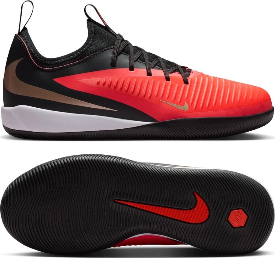 Nike Phantom 6 Low Academy Zaalvoetbalschoenen (IN) Kids Zwart Felrood Goud