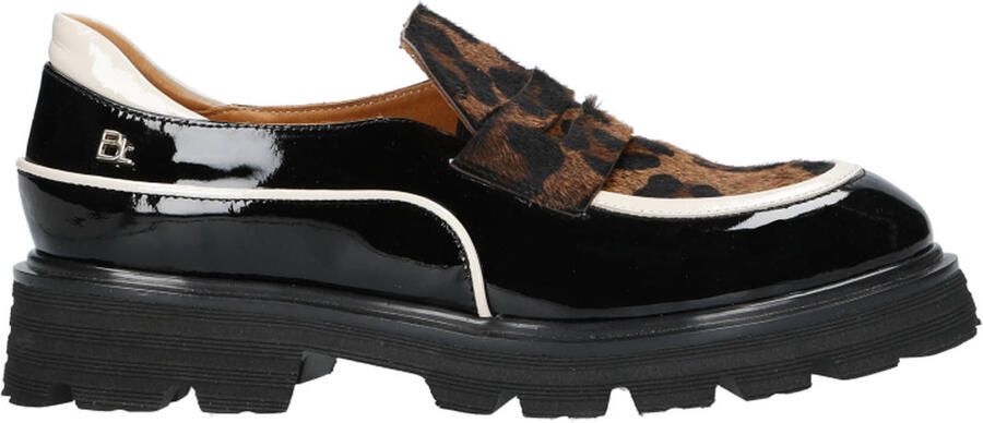 Babouche Evita-21 chunky lakleren loafers met ponyhair zwart cognac panter