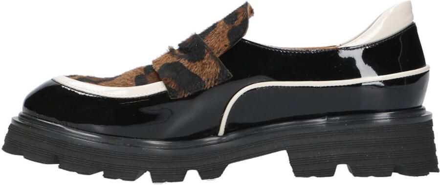 Babouche Evita-21 chunky lakleren loafers met ponyhair zwart cognac panter - Foto 3