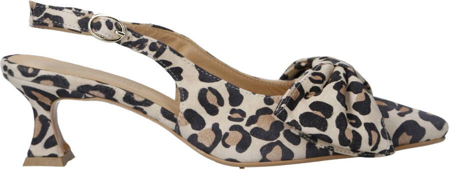 Babouche Jojo-2 suède leren slingback pumps met panterprint en strik beige zwart