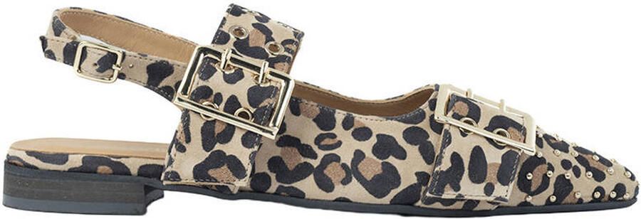 Babouche suède leren slingback loafers met panterprint beige zwart