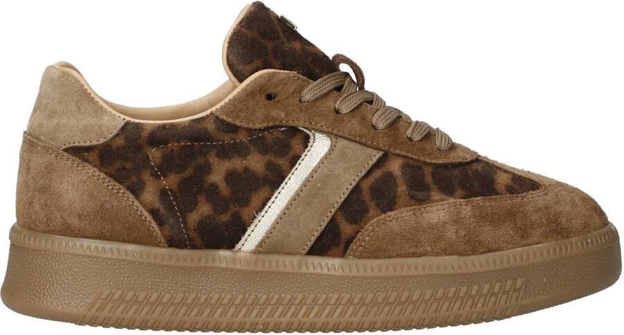 Babouche Yessy-216 suède sneakers met panterprint cognac zwart