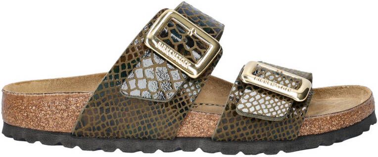 Birkenstock Sydney Cushion Buckle slippers met slangenprint bruin