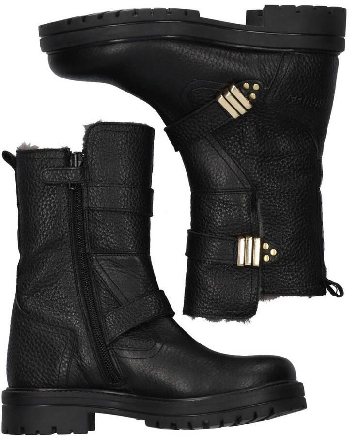 Braqeez 425762-589 Meisjes Biker Boots Zwart Leer Gesp Met Rits
