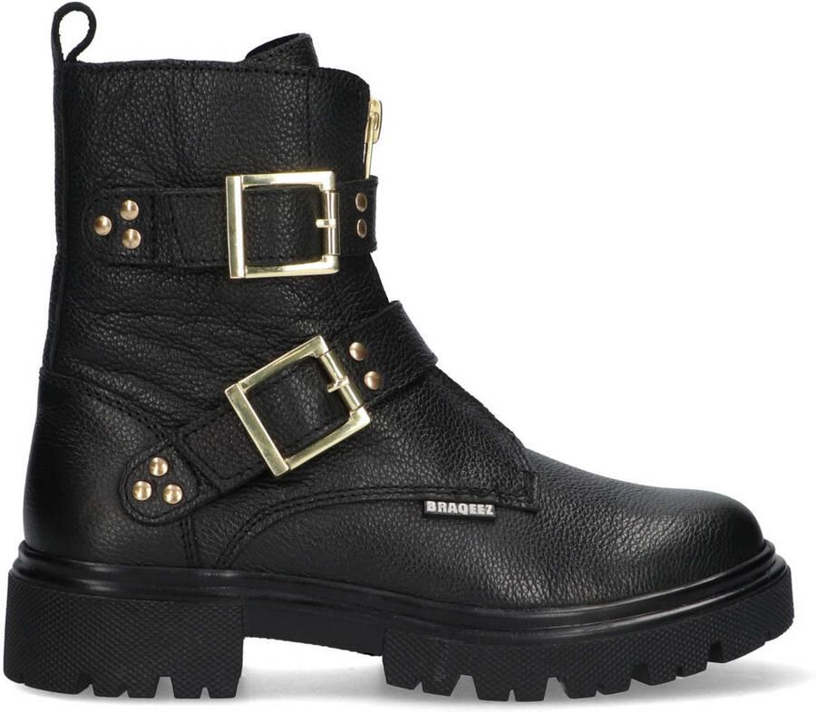 Braqeez 425783-589 Meisjes Biker Boots Zwart Leer Gesp Met Rits - Foto 3