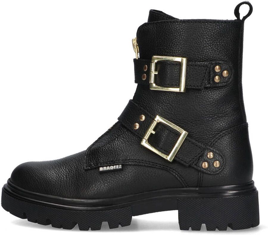 Braqeez 425783-589 Meisjes Biker Boots Zwart Leer Gesp Met Rits