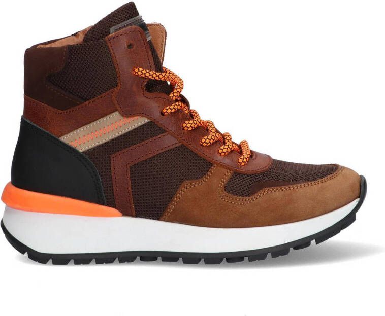 Braqeez 422944 113 Jongens Hoge Sneakers Bruin Oranje Leer Veters