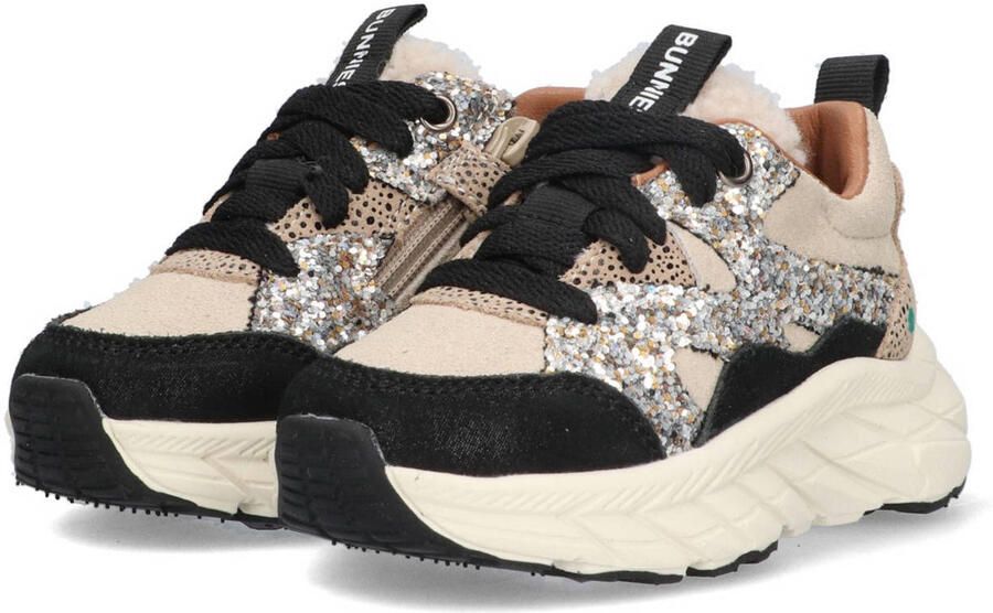 BunniesJR Roxy Rush chunky suède sneakers met glitters zwart beige