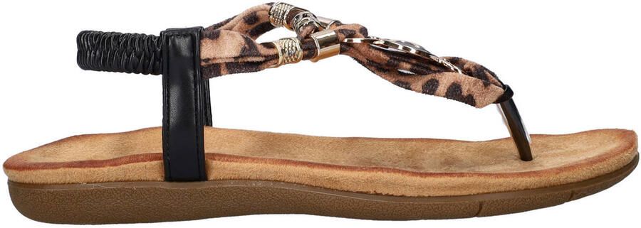Dolcis sandalen met kralen en panterprint zwart cognac