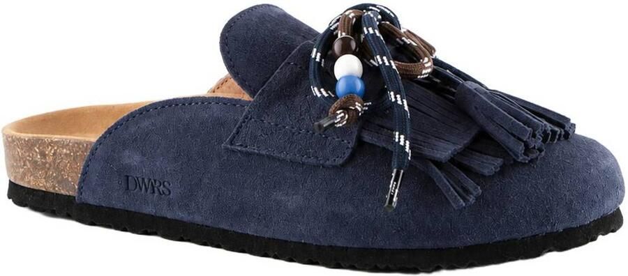 DWRS Sakai suède clogs met franjes donkerblauw