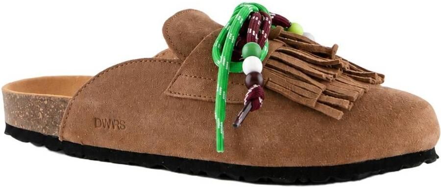 DWRS suède clogs met franjes cognac