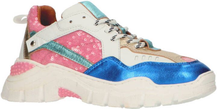 DWRS Pluto leren sneakers met pailletten roze blauw Meisjes Leer Meerkleurig 28