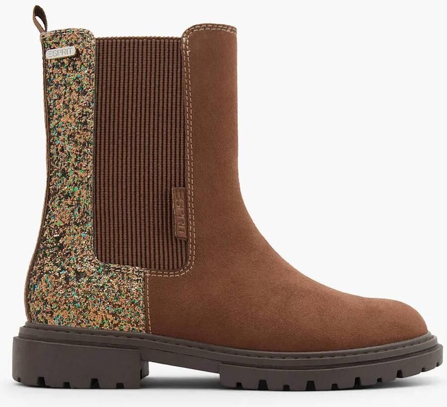 ESPRIT suèdelook enkelboots met glitters en profielzool bruin