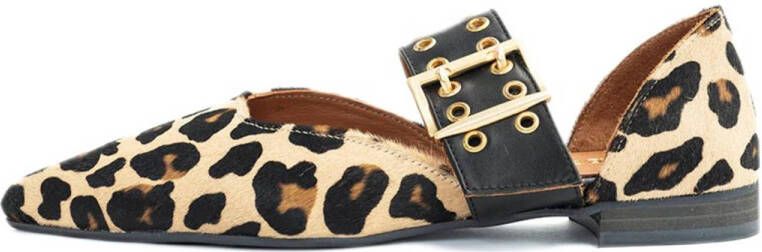 Babouche Gbinny-59 suède loafers met panterprint beige zwart