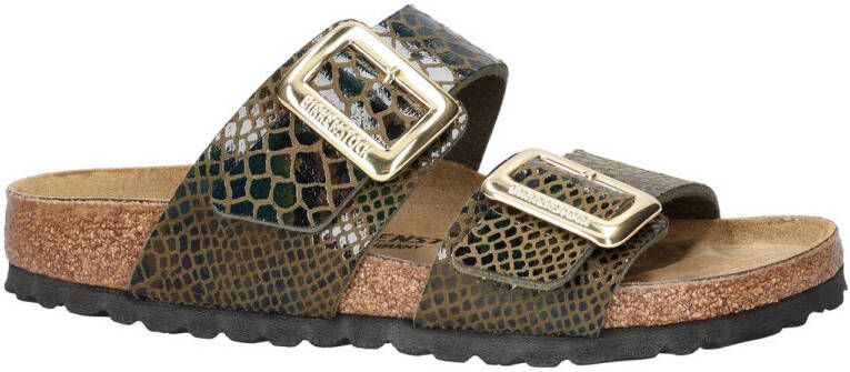 Birkenstock Sydney Cushion Buckle slippers met slangenprint bruin