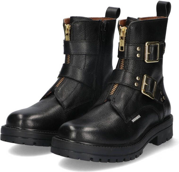 Braqeez 423559-589 Meisjes Biker Boots Zwart Leer Gesp Met Rits