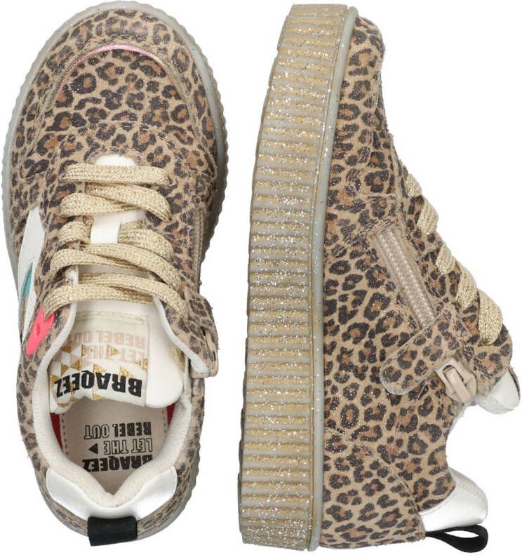 Braqeez Puk Paris leren sneakers met panterprint beige