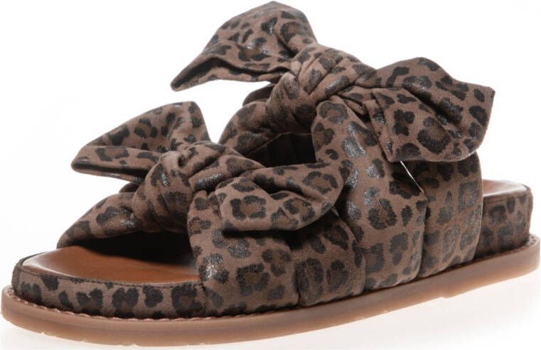Copenhagen Shoes leren slippers met panterprint en strikjes bruin