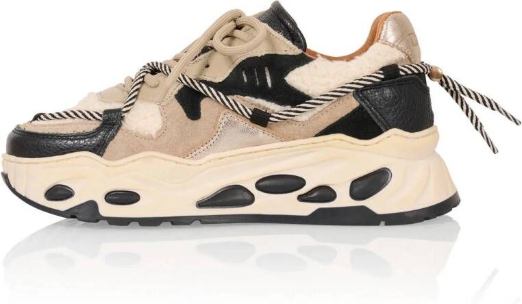DWRS Saturnus teddy chunky leren sneakers beige zwart
