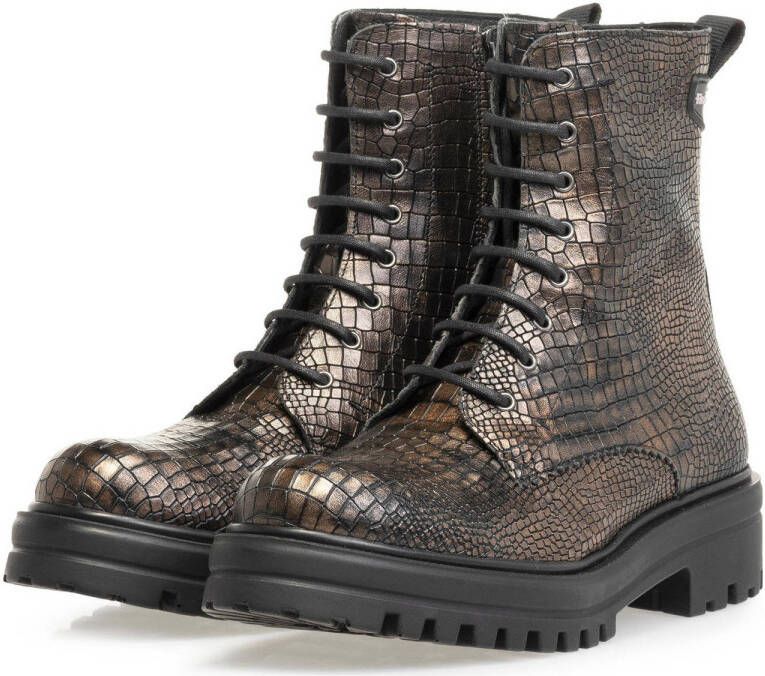 Floris van Bommel Wonki leren veterboots met slangenprint brons