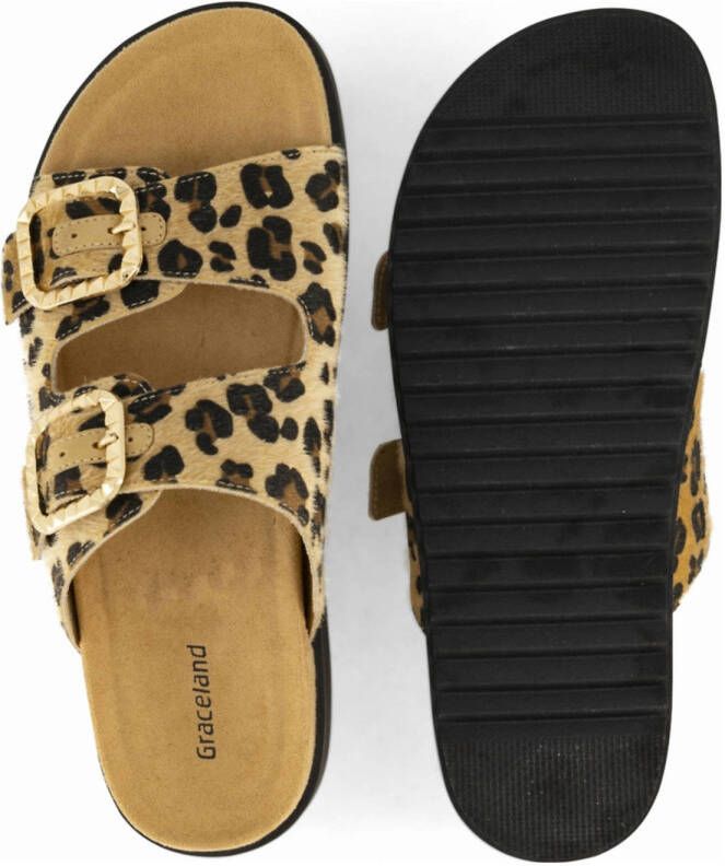 Graceland slippers met panterprint beige zwart