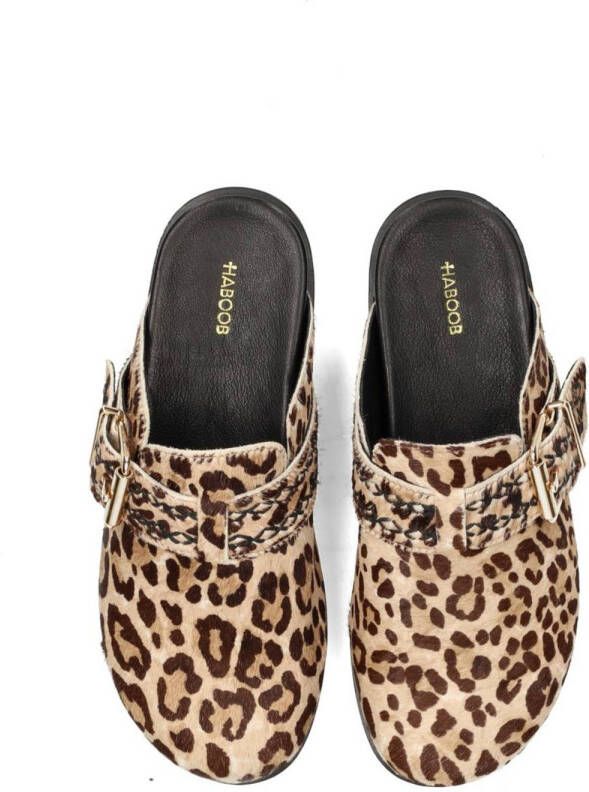 Haboob Amelie suède clogs met panterprint beige bruin